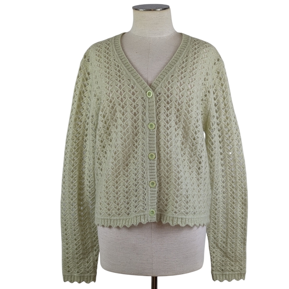 ALLSAINTS Vivian Button Front Eyelet Cardigan Wool Blend Earth Green L NWT